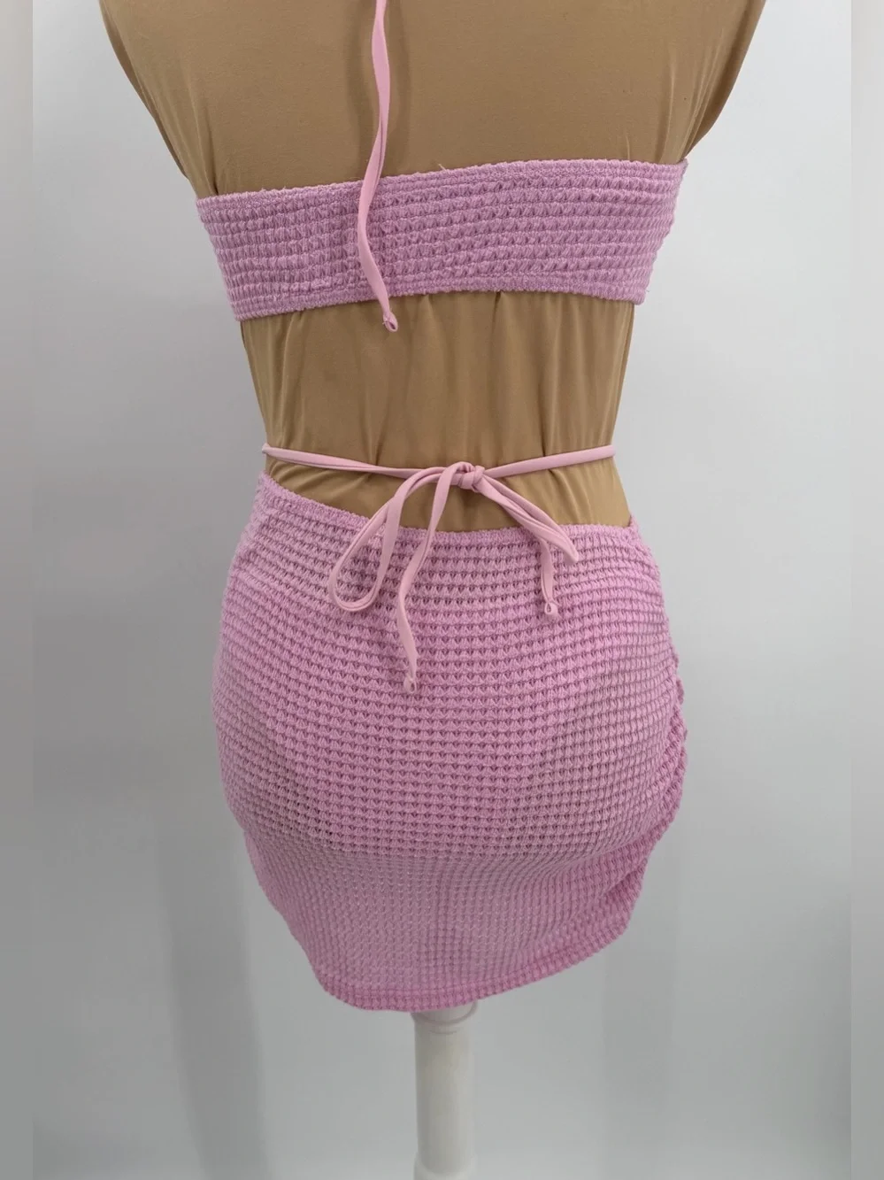 Pink Rosette flower 3 Piece bikini set cover up skirt Textured S vacation resort